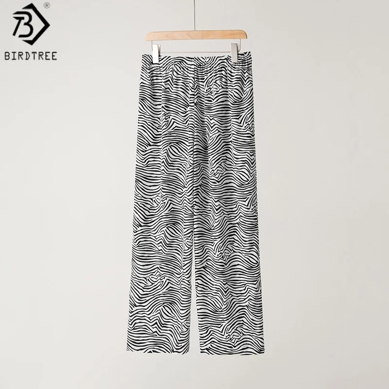 

Birdtree,93% Real Silk 7% Spandex Loose Pants,Women's Zebra Stripe Straight Loose Pants,Elastic Waist Trousers,2026 New P61606JF
