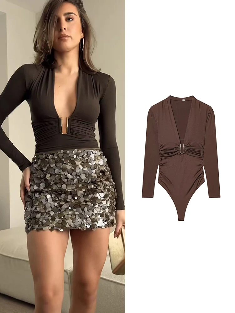 

﻿ TFMLN 2026 Women's Sexy V-neck Bodysuits Fashion Folds Design Skinny Long Sleeve Fashion Streetwear Female Solid Bodysuits