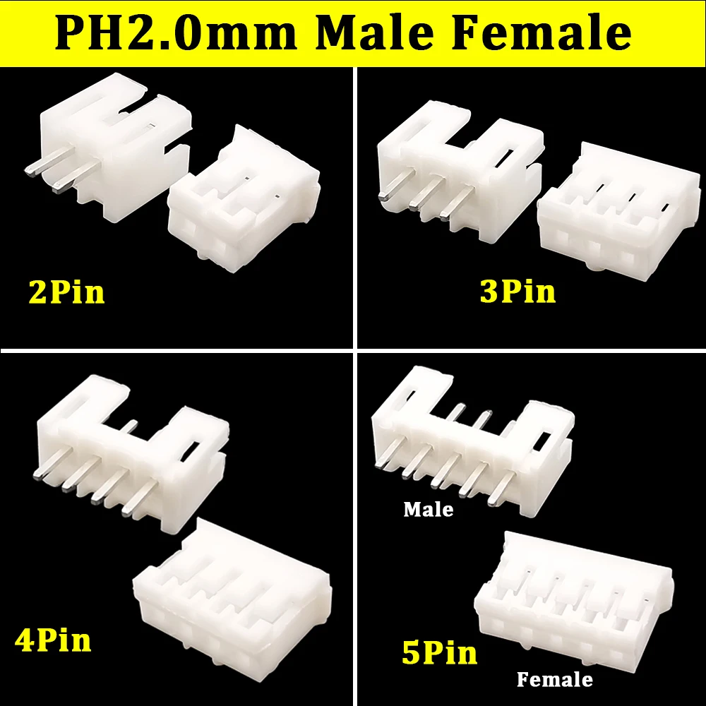 100Pcs JST PH2.0mm Wire Connector Terminal Housing 2mm Pitch 2P/3/4P/5/6Pin JST Male Female Plastic Shell Pin Header Connector