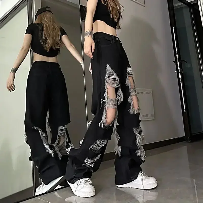 New Y2k Front-Rear  Broken Hole Jeans All-Match Distressed Women High Street Hip Hop High Waist Straight Loose Trousers