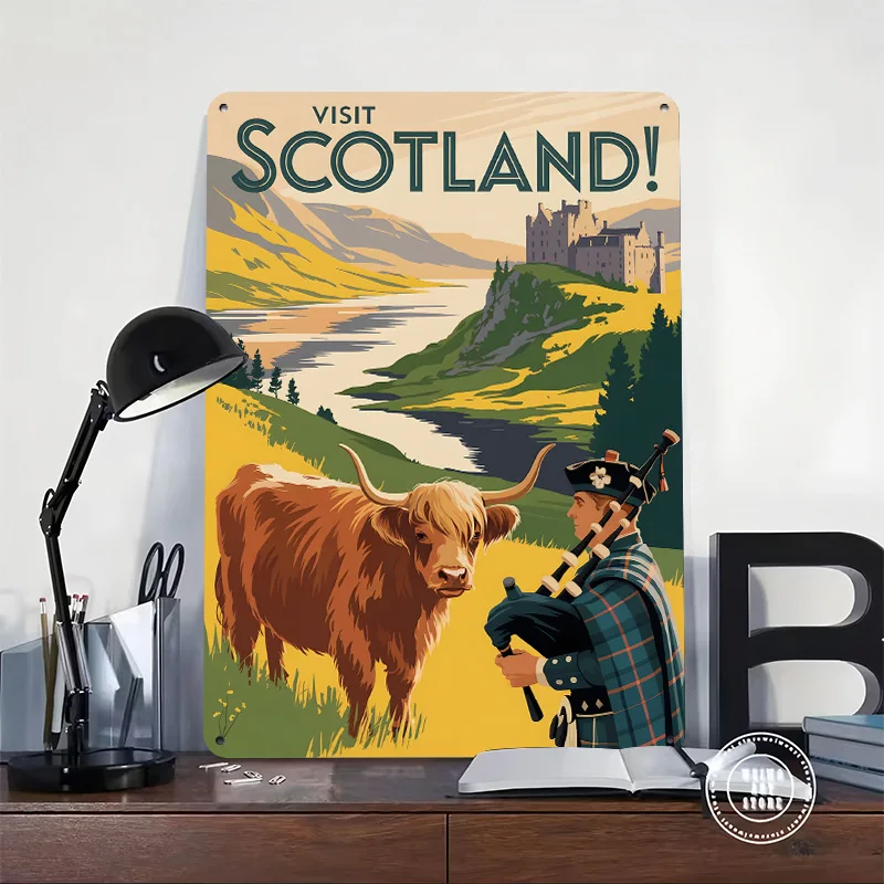 Visit Scotland Vintage Travel 3D Printed Texture Poster Personalized Wall Art Retro Metal Tin Signs for Living Room Decorations