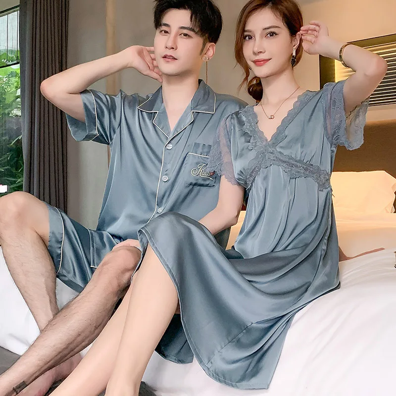 Couples Satin Silk Nightwear Plus Size Men\'s Short Sleep Sleeves Sleep Tops Shorts Pajamas Set Women Nightdress Home Clothes