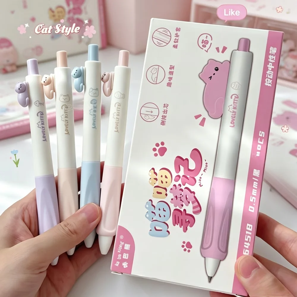4 telescopic 3D cat clip gel pens, black ballpoint pens, soft grip school supplies, student office stationery, Christmas gifts