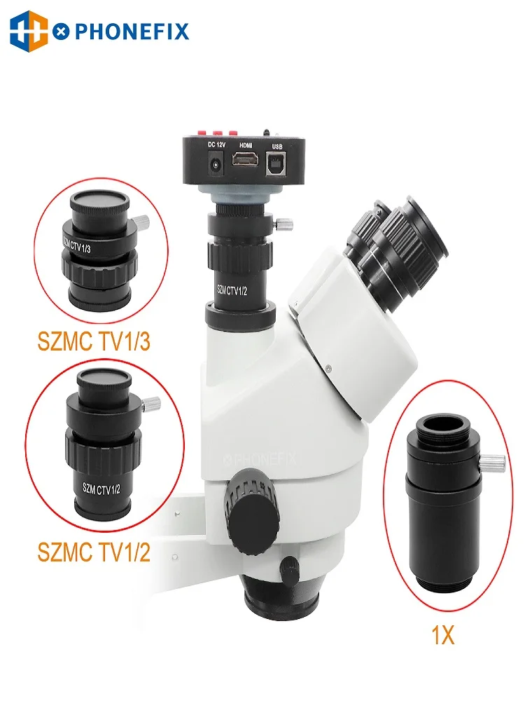 SZMC TV1/2 TV1/3 Adapter CTV C-Mount do mikroskopu przemysłowego cyfrowego mikroskopu trójokularowego akcesoria zamienne do aparatu — zdjęcie 2
