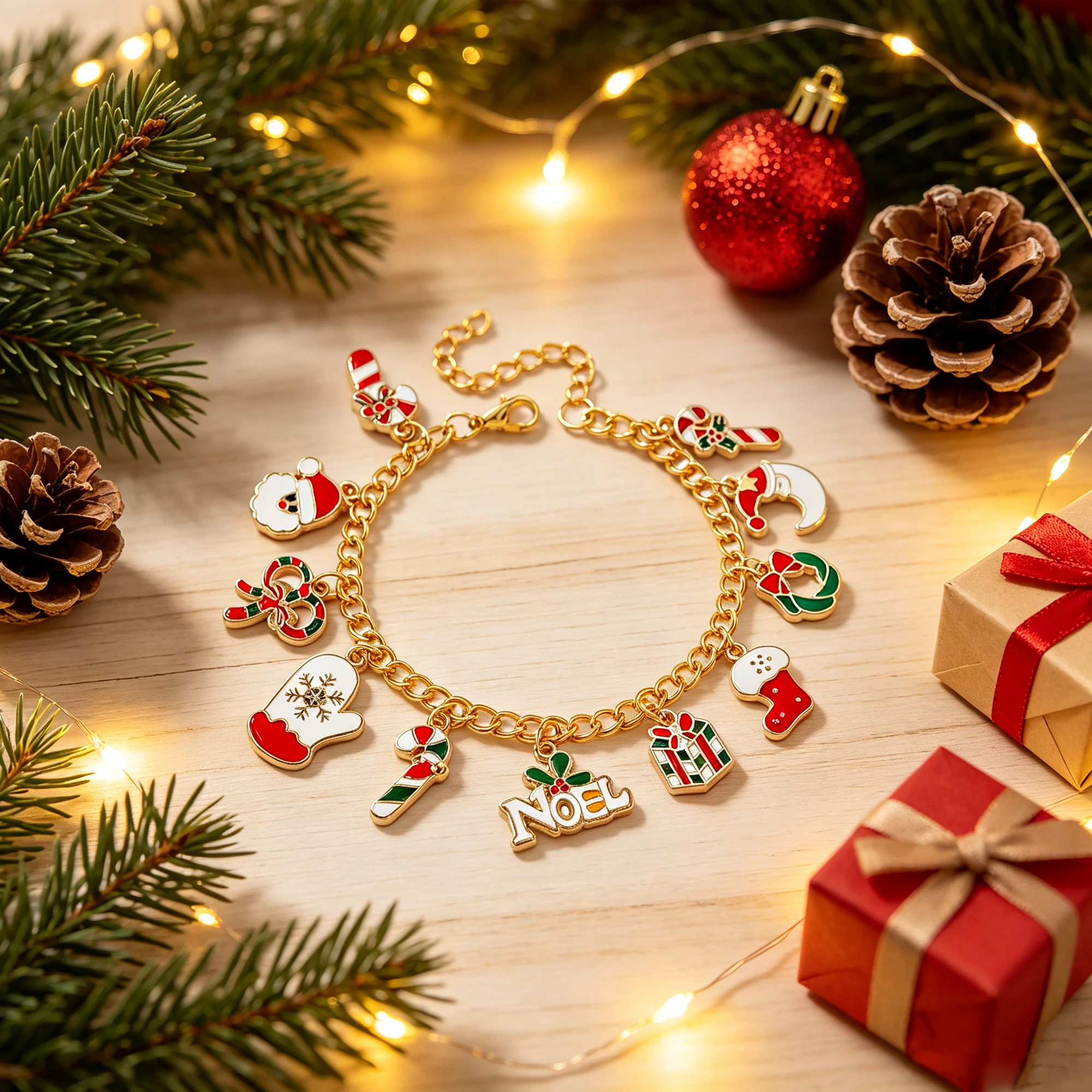 Christmas Theme Charm Bracelet, Gold Zinc Alloy Link Chain, Enamel Santa Candy Cane Stocking Glove Charms Holiday Party Jewelry