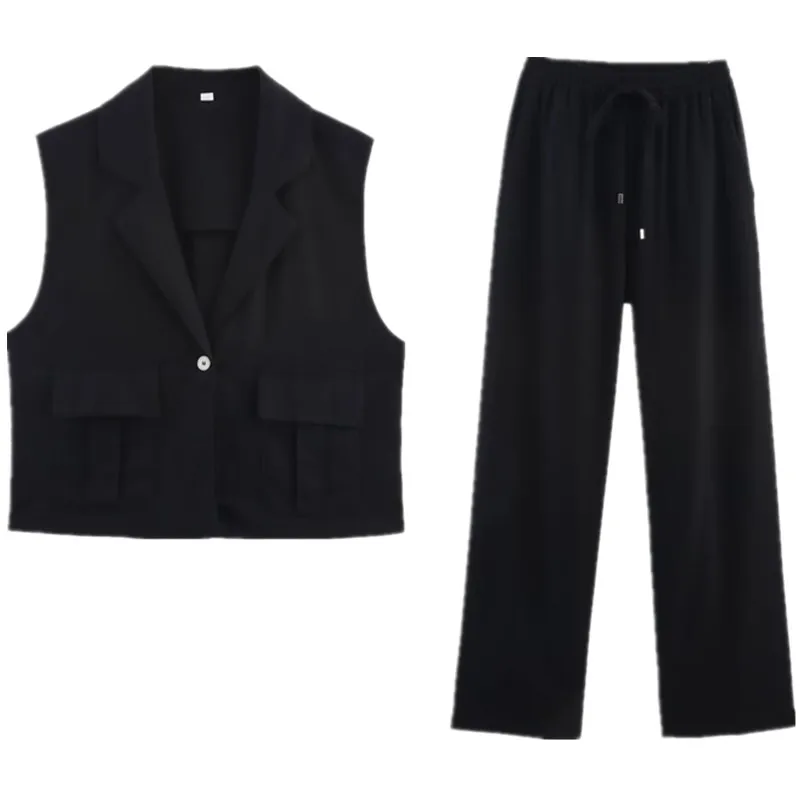Conjunto de Moda Fena Verão 2025 Colete de Linho Mistu com Gola e Calças Conjunto de Nova Chegada E para Traba...