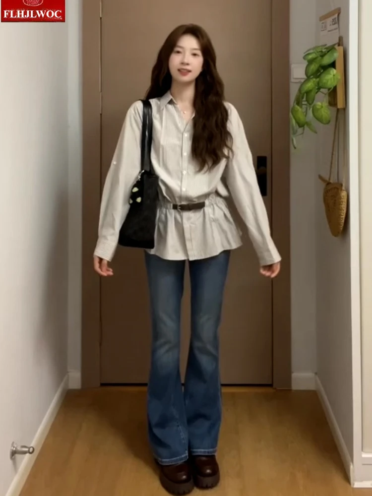 Koszule z marszczeniem w talii, nowa moda, szykowna koreańska stylizacja damska 2025, jesień, długi rękaw, dekolt w serek, w paski, retro, vintage, bluzki z falbaną.