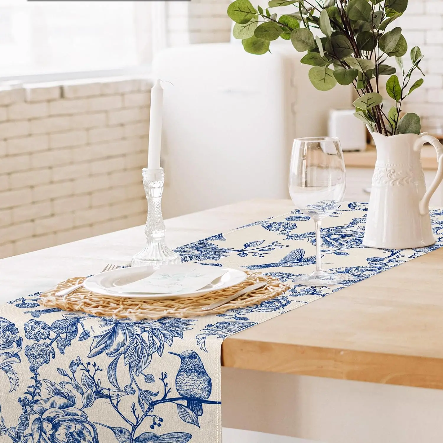 Blue White Monochrome Sketch Birds Flower Linen Table Runner Dresser Scarves Farmhouse Kitchen Table Runner Party Decorations