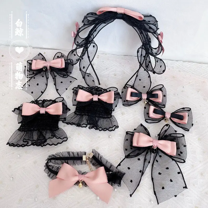 Lolita Headwear Blackberry Kitty Black Pink Lolita Polka Dot Bow KC Hair Accessories Japanese Sweet Anime Accessories