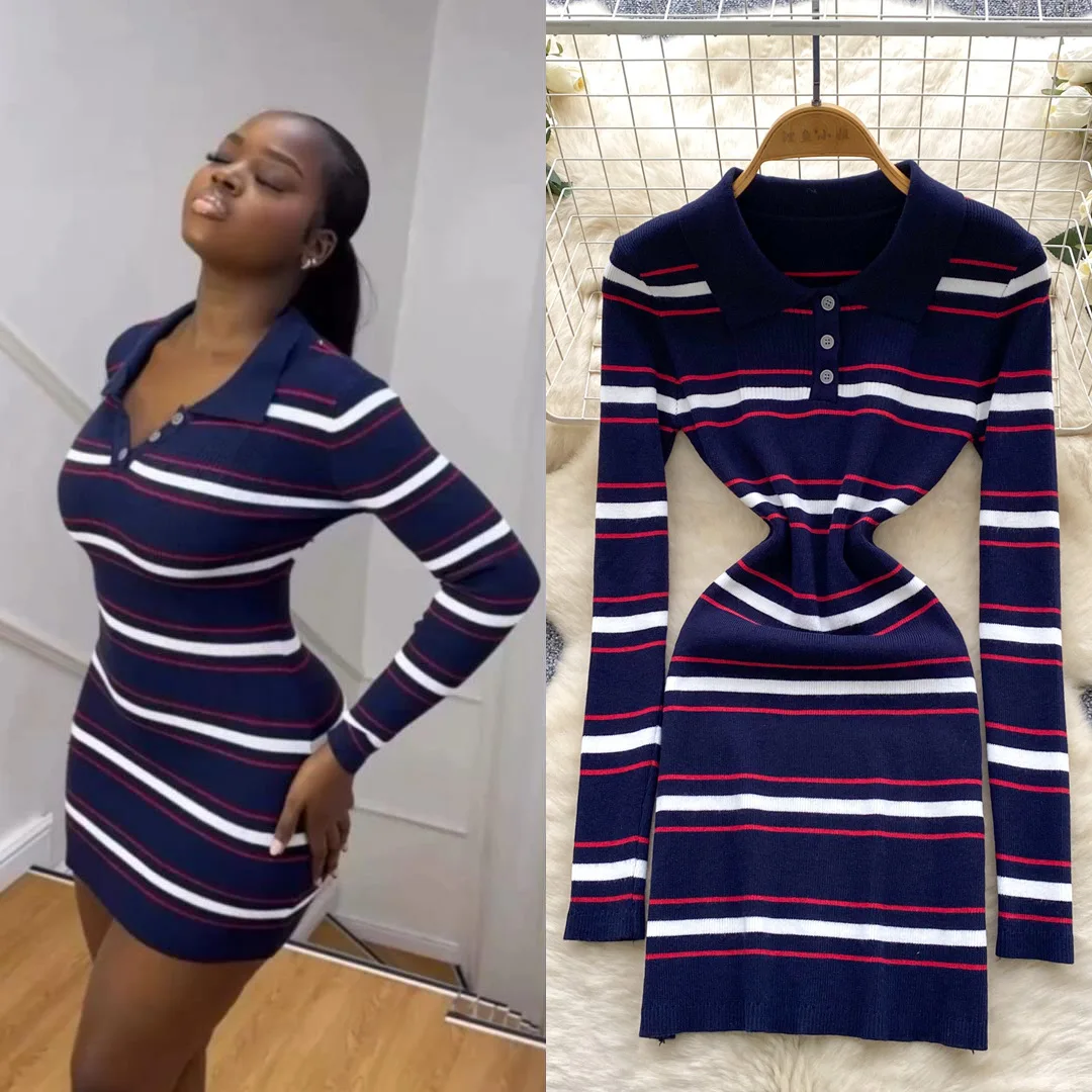 

Women Striped Knitted Dresses Fitted Dress Sheath Solid Ankle Lenth Long Sleeves Waist Cinch Slim Fit Sexy Elegant 2025 Autumn