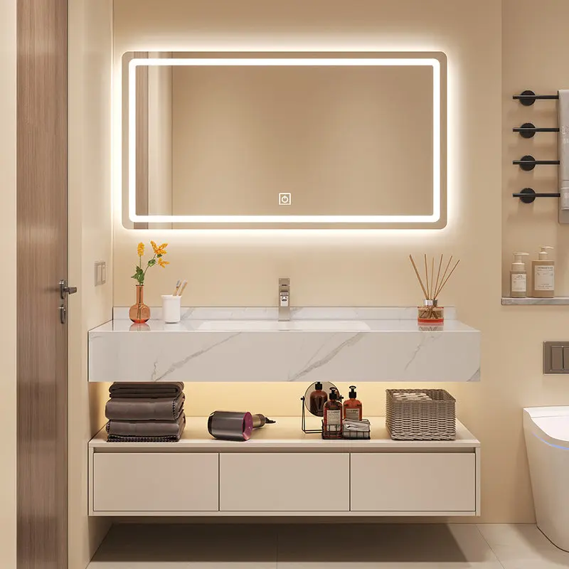 

Modern simple rock slab ceramic seamless integrated basin bathroom washbasin cabinet combination