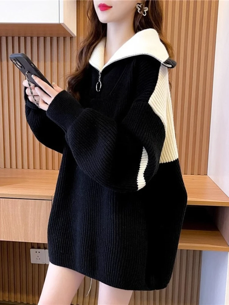 

Autumn Winter Women Sweater Oversize Zipper Knitted Pullover Long Sleeve Color Block Loose Women's Oversized Thick Knit Sweaters