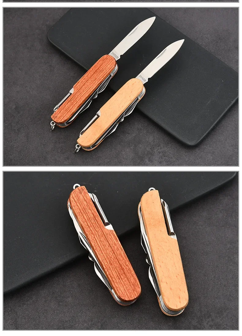 Neues 11-in-1-Multitool mit Holzgriff, tragbares, faltbares Militär-Messer, EDC-Überlebenswerkzeug, Camping- und Notfallwerkzeug – Detail 11