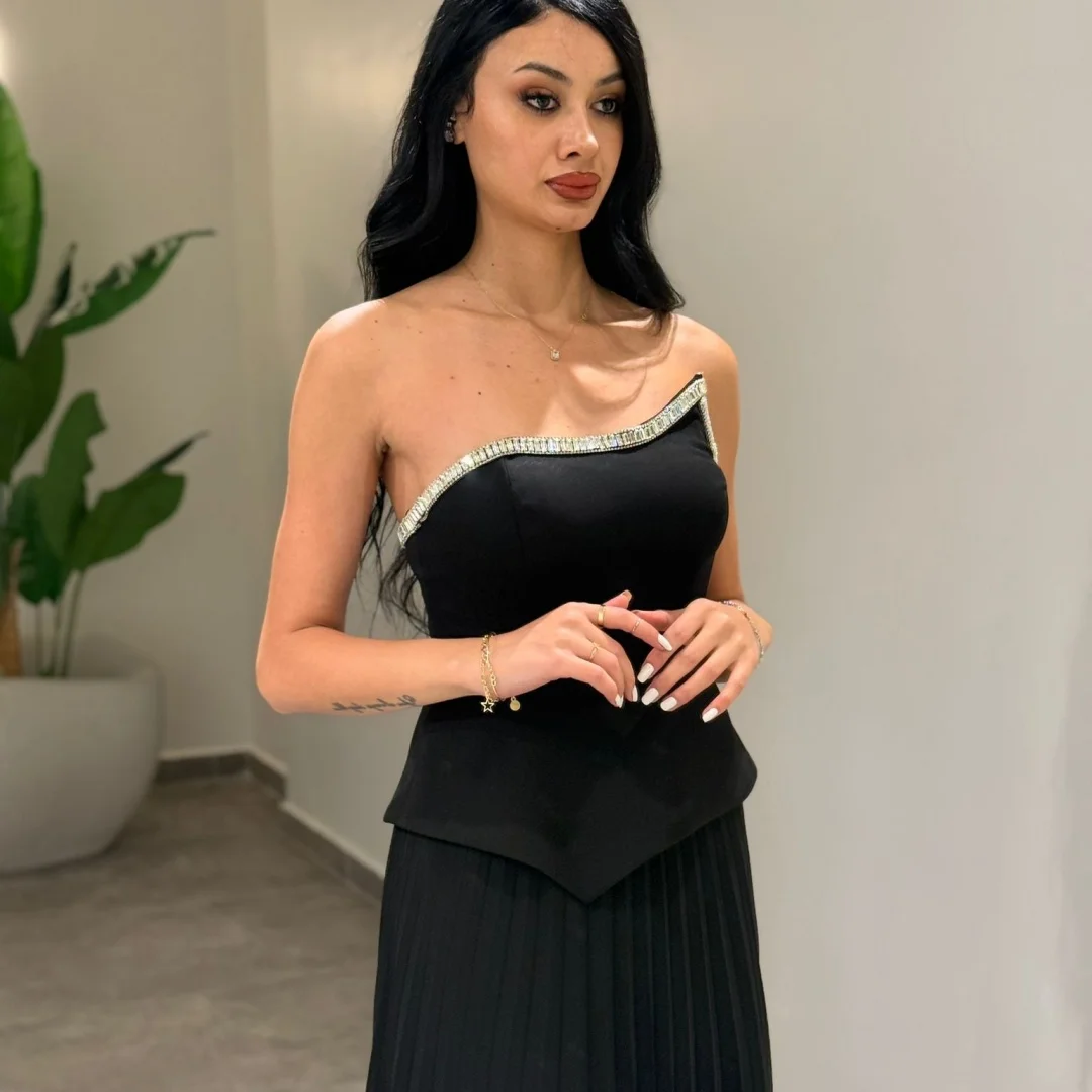 Mila Black Asymmetrical Shoulder Beaded Trim Prom Dresses Peplum Waist Customized Formal Evening Pleated Chiffon Floor-length