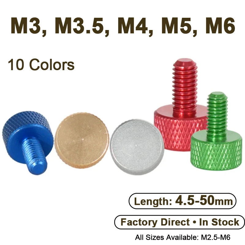 10Pcs Colorful Anodized Aluminum Knurled Head Thumb Screws M3 M3.5 M4 M5 M6 Hand-Tightening Knob Grip Bolts for RC Drone PC Case