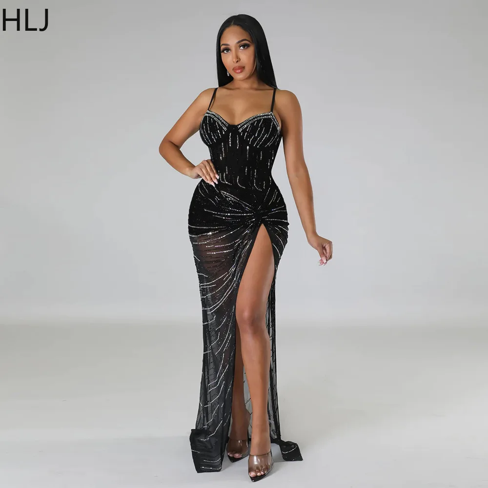 HLJ Nero Moda Scollo a V Paillettes Vedi anche se Cinghia per spaghetti Abiti lunghi Donna Senza maniche Backless Slit Abiti Abbigliamento femminile