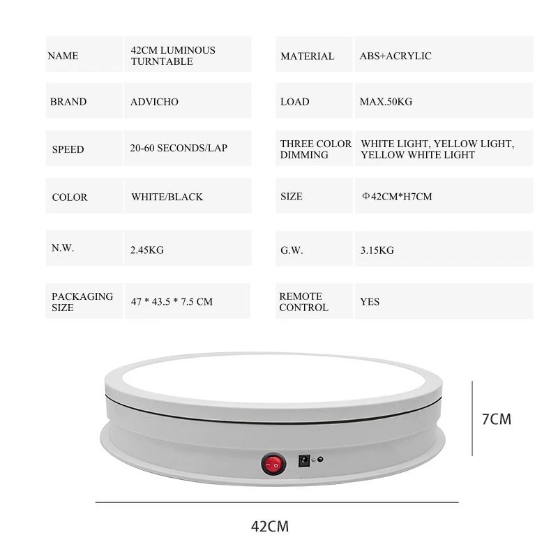 New 42cm Intelligent Remote Control 3 Colors Luminous Photography Display Platform Adjust Speed Electric Automatic Rotating Disc
