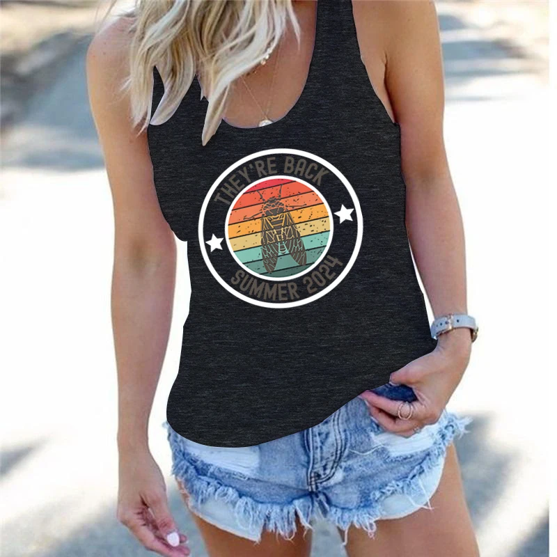 Short Tops Woman Vintage Cicada Print Racerback Tank Top 2024 Cicada They Are Back Summer 2024 Graphic Tanks Women Summer Outfit