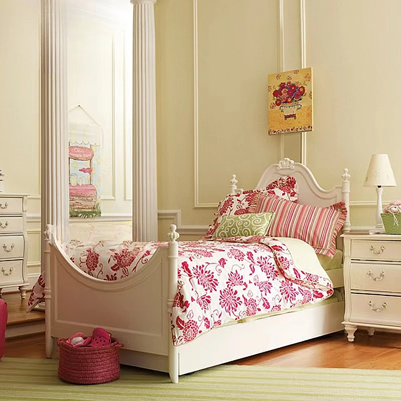 Children's bed solid wood princess single girl room white retro carved fitting