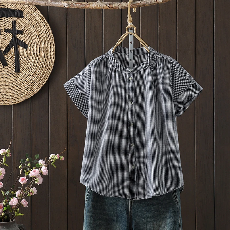 

Retro Style Plaid Stand Collar Women's Shirt Summer 2026 Fashion Single Button Design mid Sleeve Breathable Cotton Linen Blend