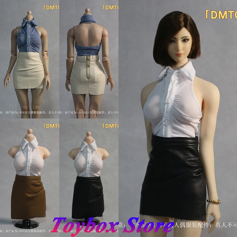 DMTOYS 1/6 Vrouwelijke Action Figure Mouwloos T-shirt Gerimpeld Ontwerp Korte Lederen Korte Rok Kleding Accessoire Voor 12 "Body