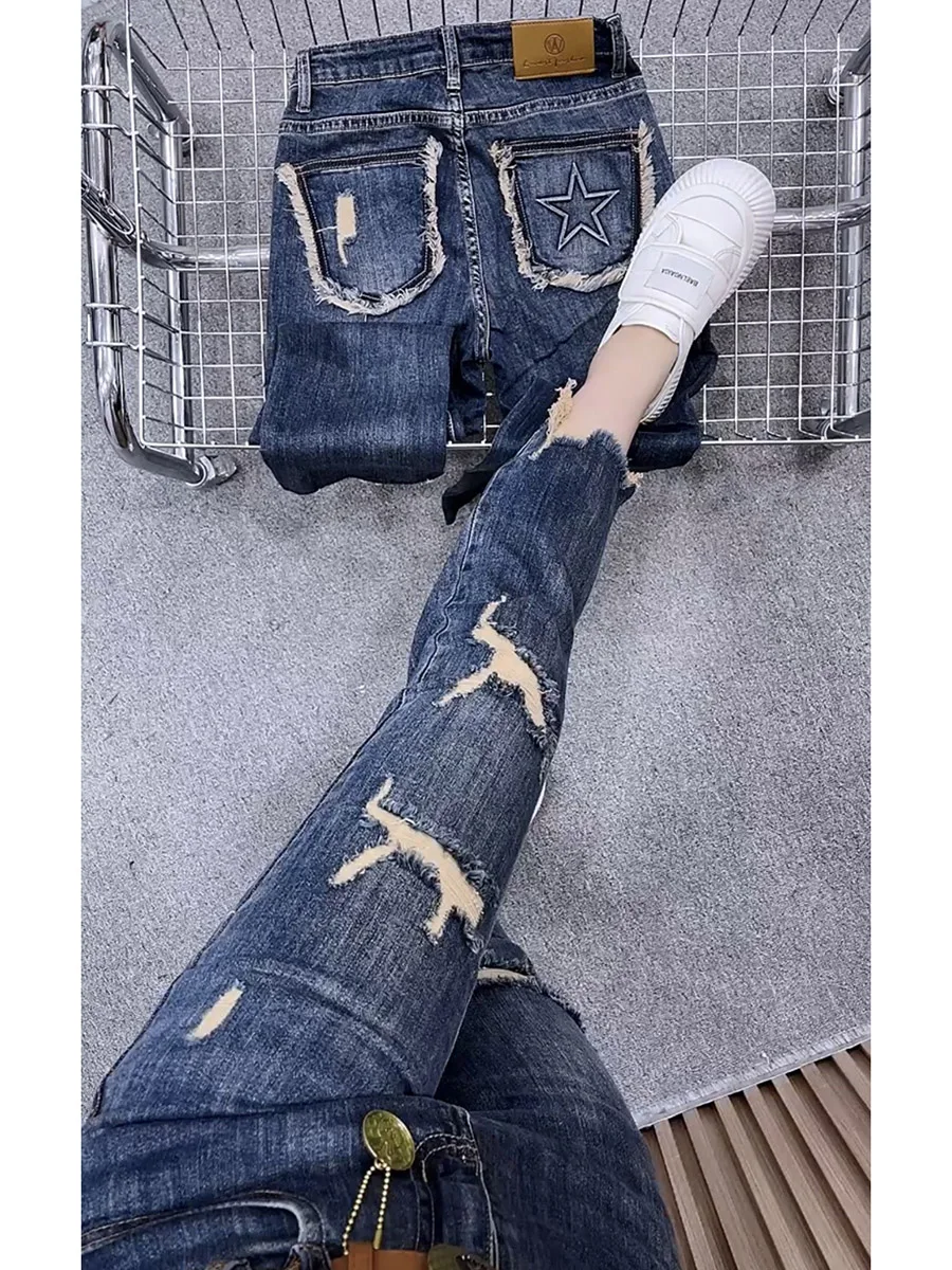 Y2k Women's Jeans Slightly Fat Plus Size Jeans Women 2024 New High-waisted Stretch Slimming Ripped Nine-point Pants