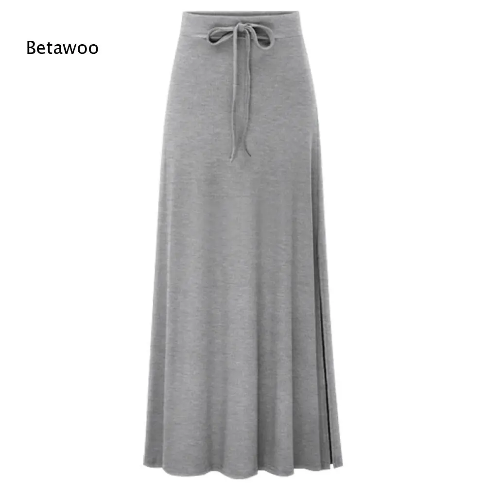 Plain Elastic Waist Knot Detail Side Split Flowy Long Skirt