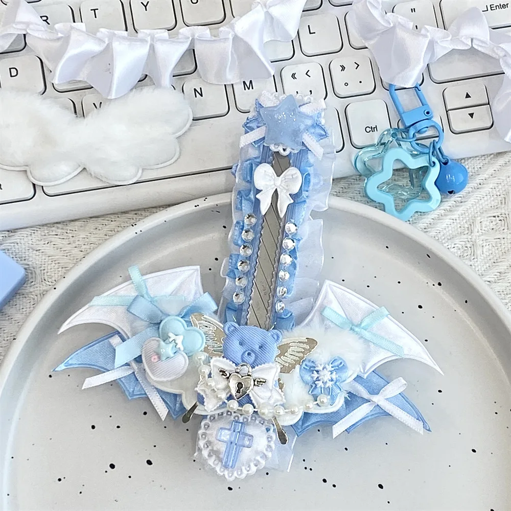 1Pc INS Cute Blue Devil Wings Lace Ribbon Bow Utility Knife Kawaii Subculture Girl Art Craft Cutter Envelope Express Box Opener