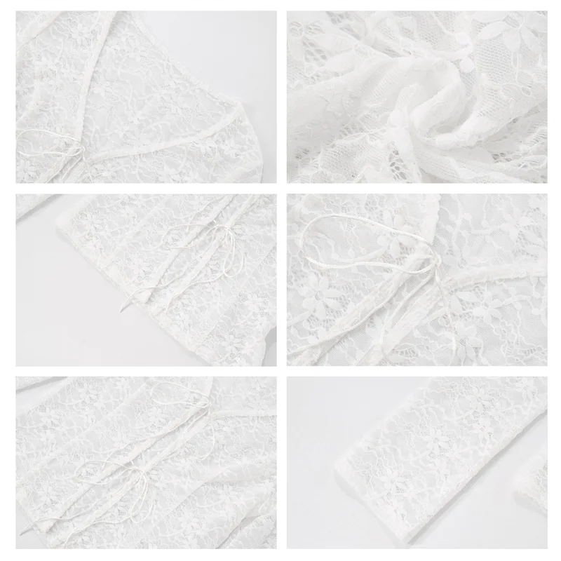 

NEW-Women's Tie Front Tops Sheer Mesh Bell Long Sleeve Blouse Shirt Crop Top