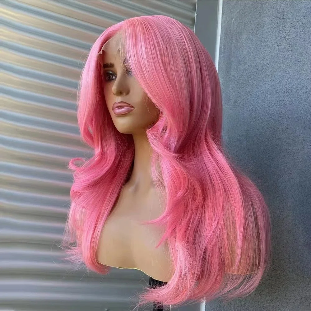 Light Pink Layered Cut Natural Wave Lace Front Wig 13x4 HD Lace Wigs Glueless Synthetic And Blend PrePlucked Daily Party Cosplay