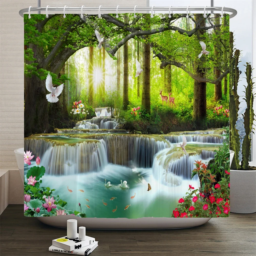 Forest Nature Landscape Waterfall Bathroom Shower Curtain High Quality Waterproof Shower Curtain Tree View Shower Curtain