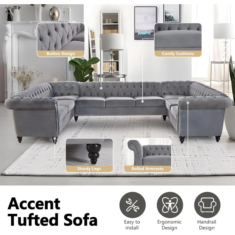 L-shaped sofa, 5-seater velvet cushion, with rolled armrests and nail head design, suitable for living rooms and offices