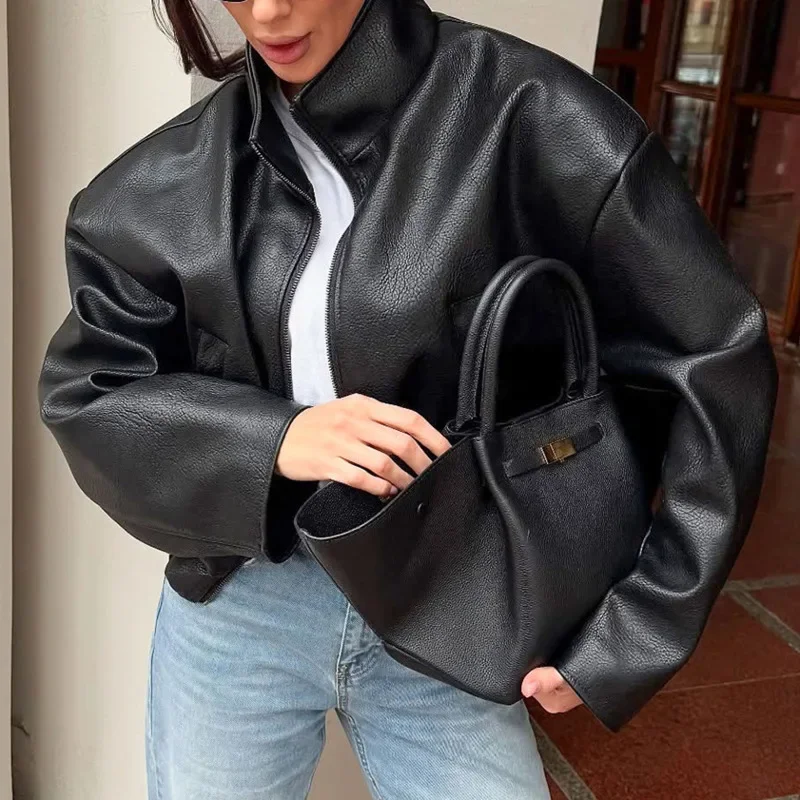 

Women PU Laether Streetwear Jacket Stand Collar Fashion Black Short Coat Zipper Elegant Long Sleeve Overcoats New Chic Outwears