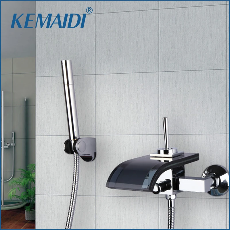 

KEMAIDI Bathroom Waterfall Faucet Tempered Glass Spout Bathroom Bath Shower Faucet Bathtub Mixer Tap With Hand Shower Spray