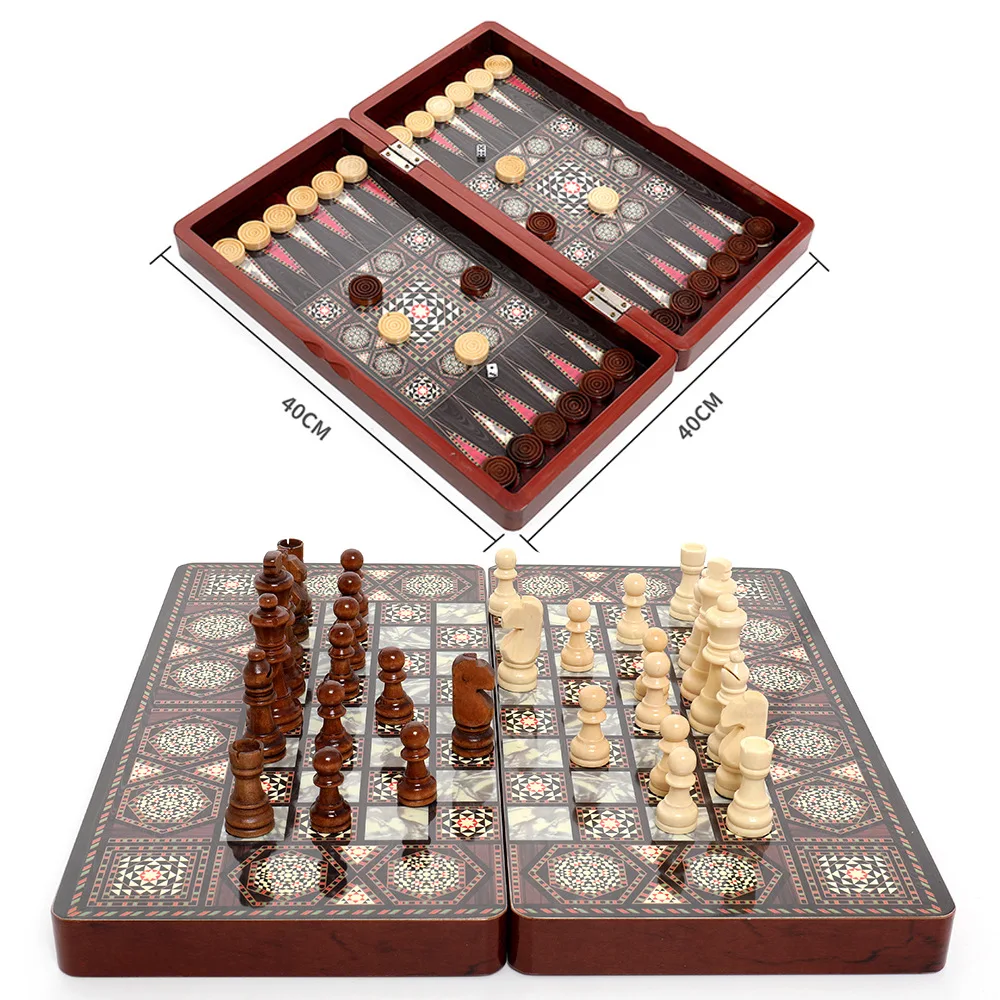 40cm Großes 3-in-1 Holz-Schach-, Dame- und Backgammon-Set, Faltbares Brett für Familienreisen