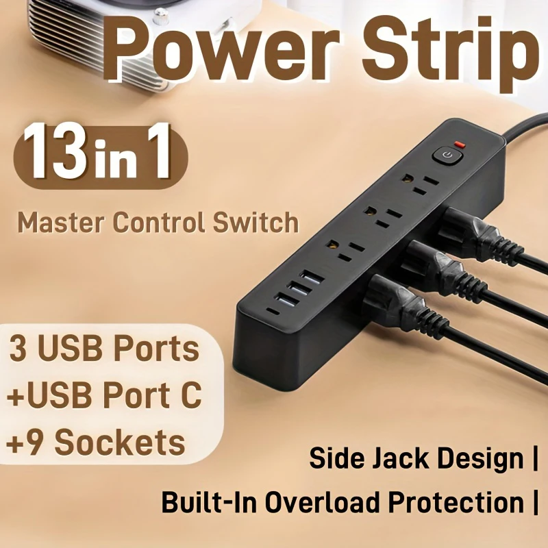 Power Strip US Plug 9AC Outlets Multitap Electrical Socket Extension Cord With USB C Ports Fast Charging Network Filter Adapter