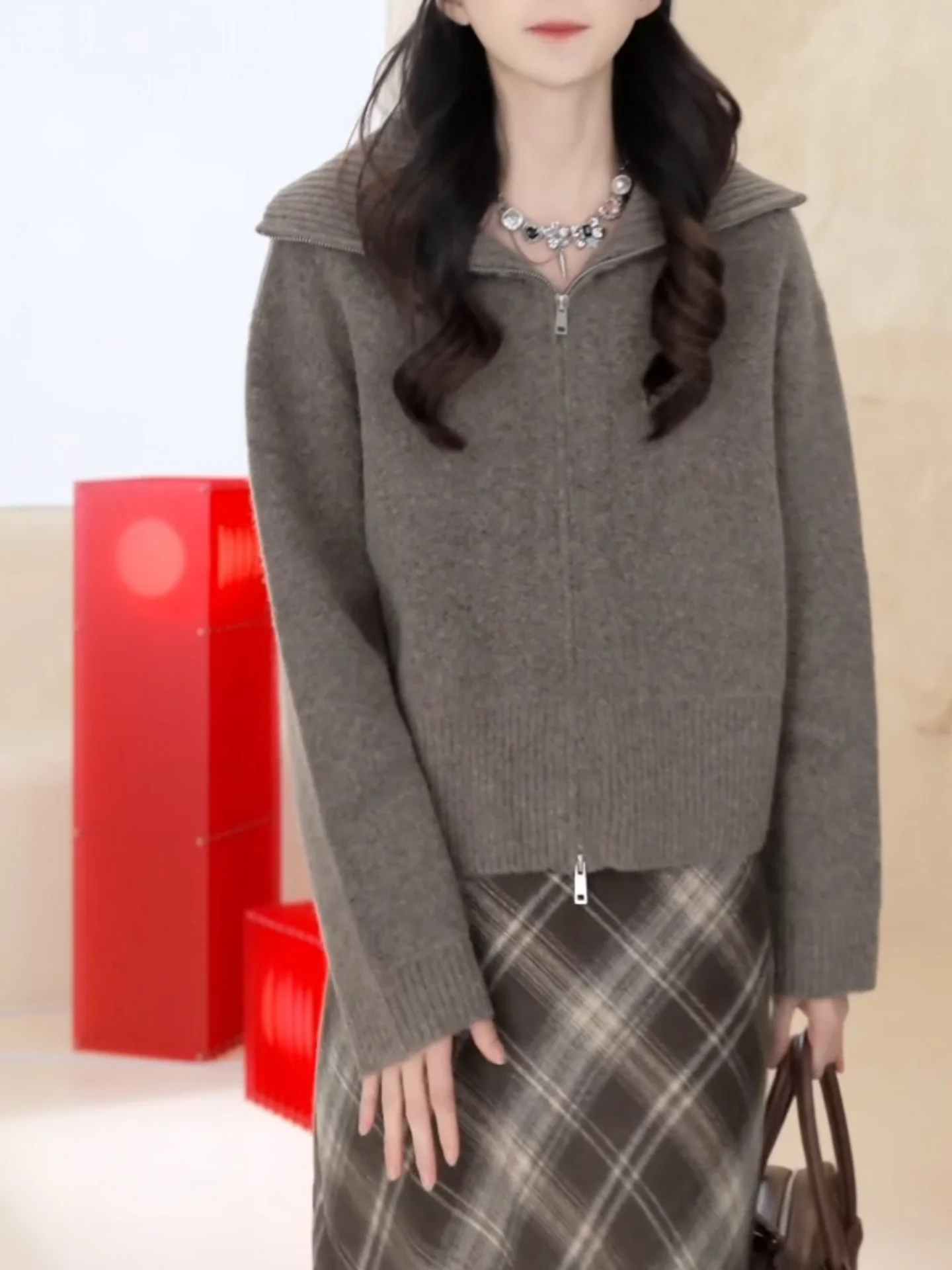 

Женское вязаное пальто на молнии с длинными рукавами и воротником, большие размеры, осенне-зимняя коллекция, корейский стиль, теплый кардиган с термоэффектом