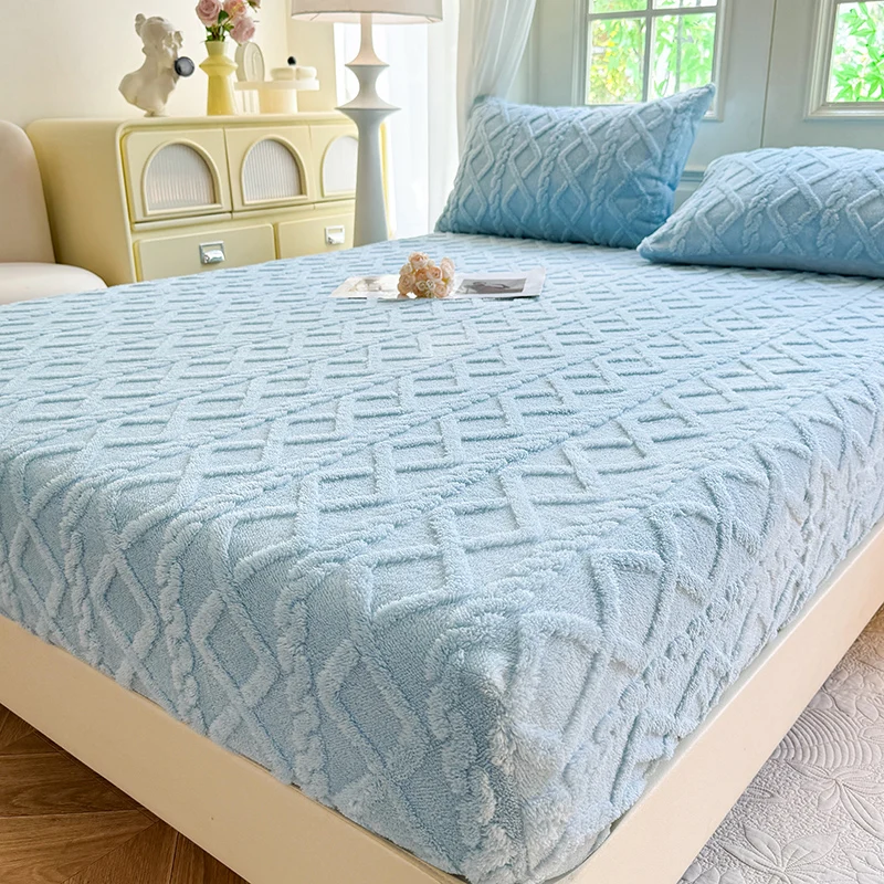 1 pc Fitted Bed Sheet for Winter Thick Warm sabanas Queen Size Solid Color Flannel Fleece Fluffy Bed Cover King Size Bed Sheets
