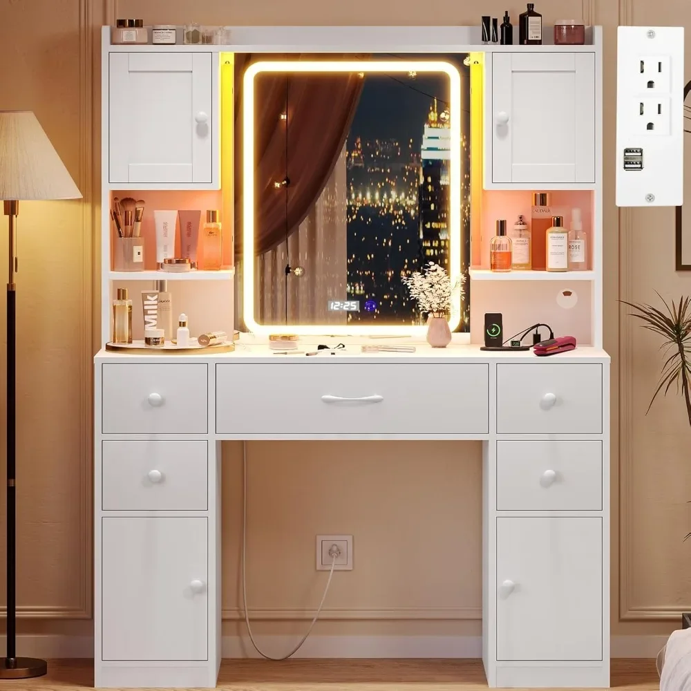 Bureau de courtoisie avec miroir et lumières, grande vanité de maquillage avec lumières et station de charge, table en spanTable avec 5 portes de proximité