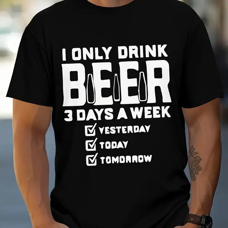 Camiseta de cuello redondo con estampado 3D de cerveza, ideal para el verano, 100 % poliéster, tejido de punto.