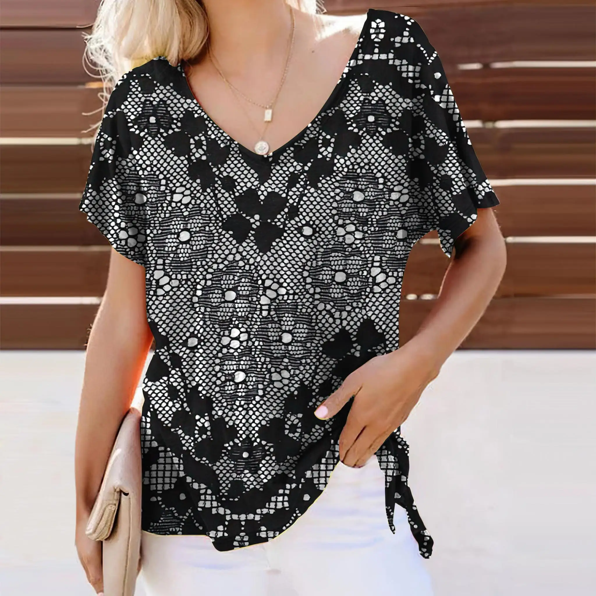 Lace Printed T Shirt For Women V-neck Short Sleeve Female Clothing Loose Casual Summer Tee Fashion Streetwear Ladies T-shirt Top