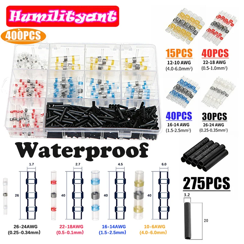 

400PCS Heat Shrink Terminal Waterproof Solder Seal Heat Shrink Wire Butt Terminals Connectors Kit