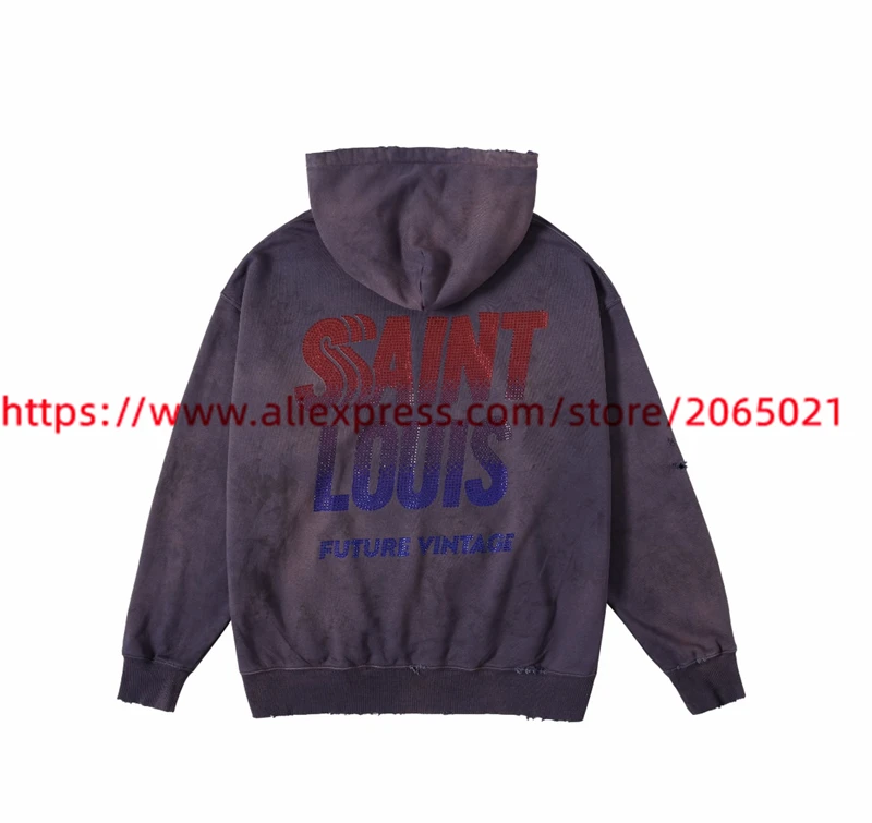 Dicuci Saint SSSAINT LOUIS penuh berlian gradien Logo Hoodie Pria Wanita rusak pullover Hoodie