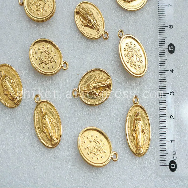 10 Pieces / Gold Plated Catholic Virgin Mary Small Medal Handcraft Craft, Bracelet Jewelry Rosary Handmade DIY Medal