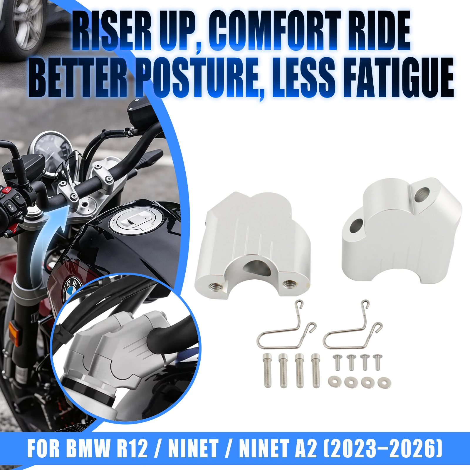 Motorcycle Handlebar Risers Up 40mm Move Back 27mm Adjustable Clamp Adapter Handlebar Mount Riser For R12 NineT A2 2023-2026