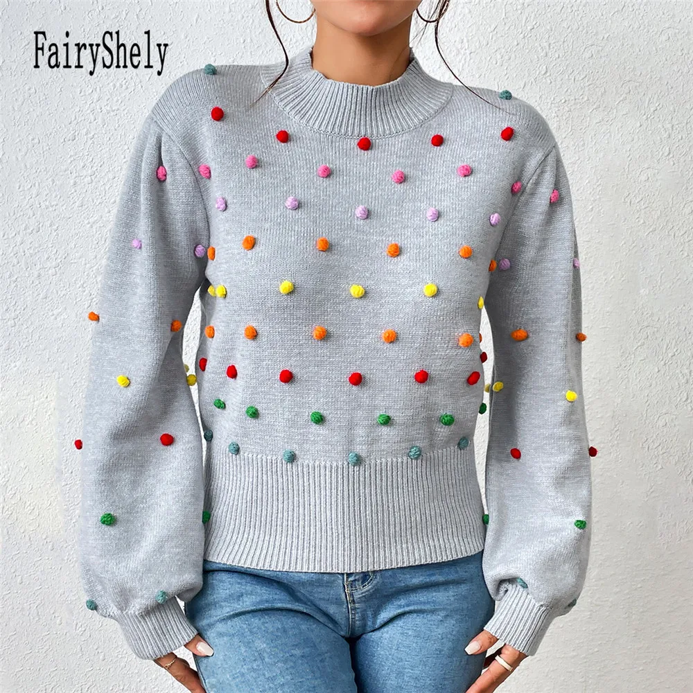 Fairyshely 2024 Winter Casual Colorful Balls Knitted Sweater Women O-Neck Long Sleeve Pullover Ladies Trend Loose Warm Jumpers