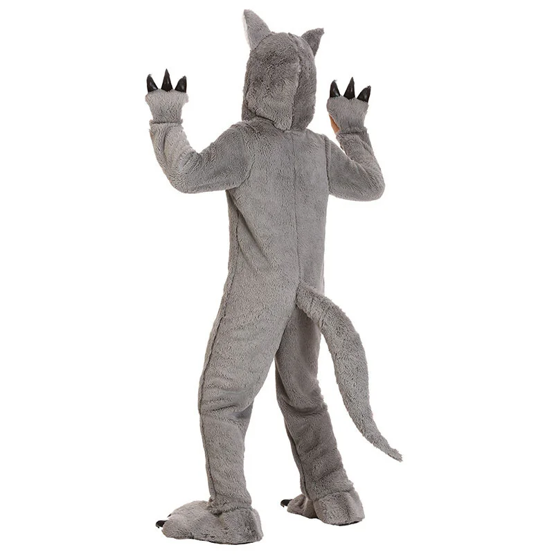 Halloween Cosplay Big Gray Wolf Costume Jumpsuits Sets Animal Onesie One Piece Dangerous Animal Pyjamas Kids Boys Party Suits