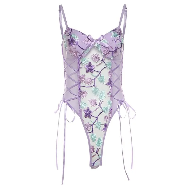Pure Desire Purple Charm Lace Perspective Suspender Small Vest Female Spice Girl Waist Bottom onesie Straps, prints bows Rompers