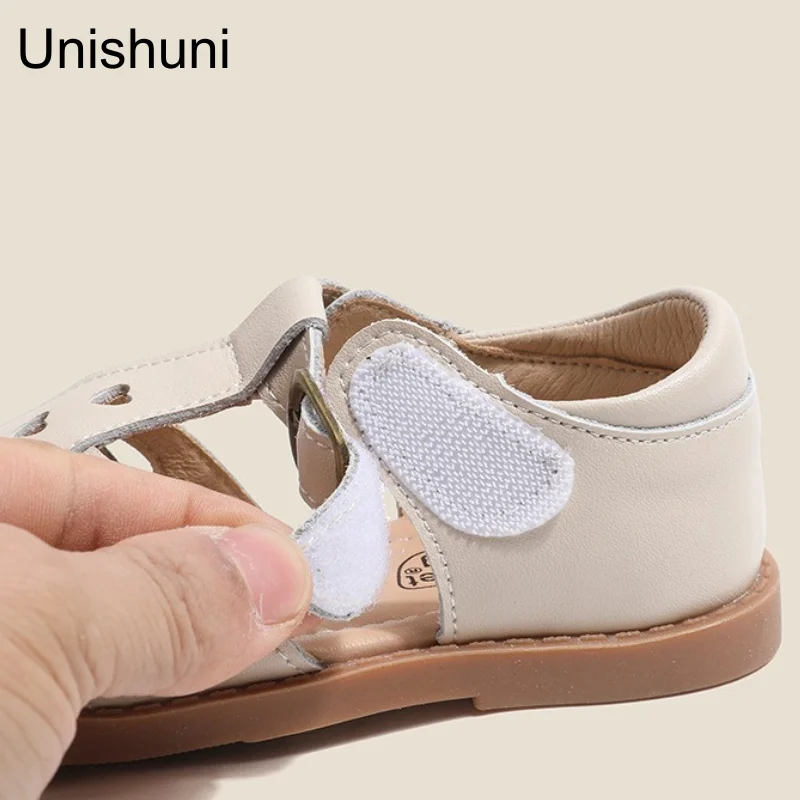 Unishuni Girls Half Sandal Kids Genuine Leather Shoes Children’s Hollow Out Spring Summer Shoe Heart Design Retro Princess Flats