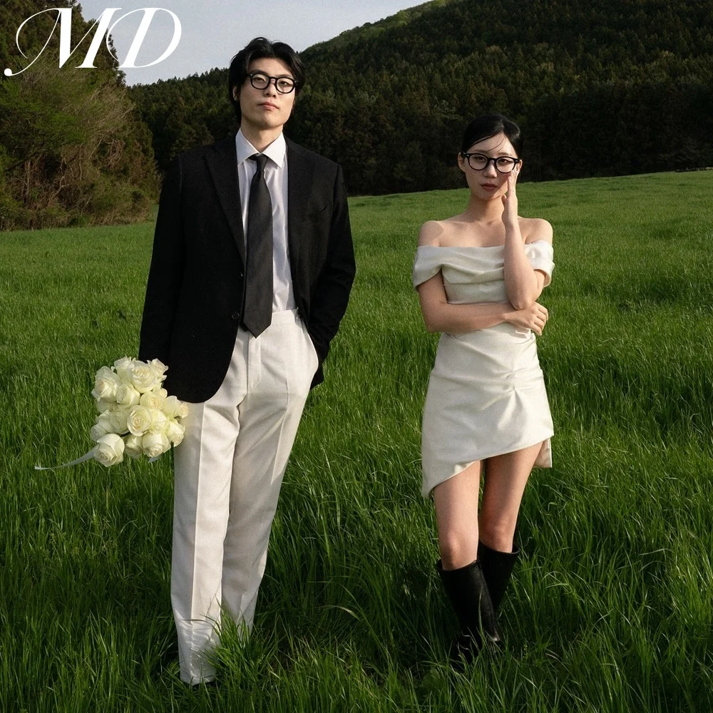 

MD Simple Off Shoulder A-line Satin Short Wedding Dress New Pleat Korea Photoshoot Mini Bridal Gown Customized 2025 웨딩드레스